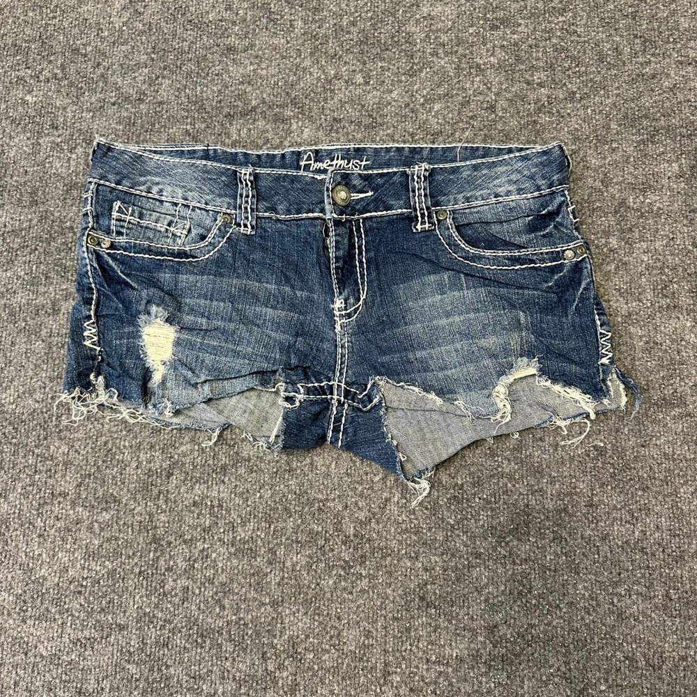 Amethyst Denim Shorts Womens Size 11 Blue Distressed Cutoff Thick Stitch Y2K